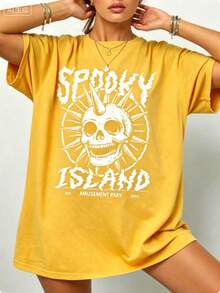 Gothic Punk Cotton T-Shirt,Spooky Island Skull Graphic Tee,Womens Street Concert Summer Top,Short Sleeve,Dark Aesthetic,Y2K Style,Edgy Fashion - 黃色 - 查看 1