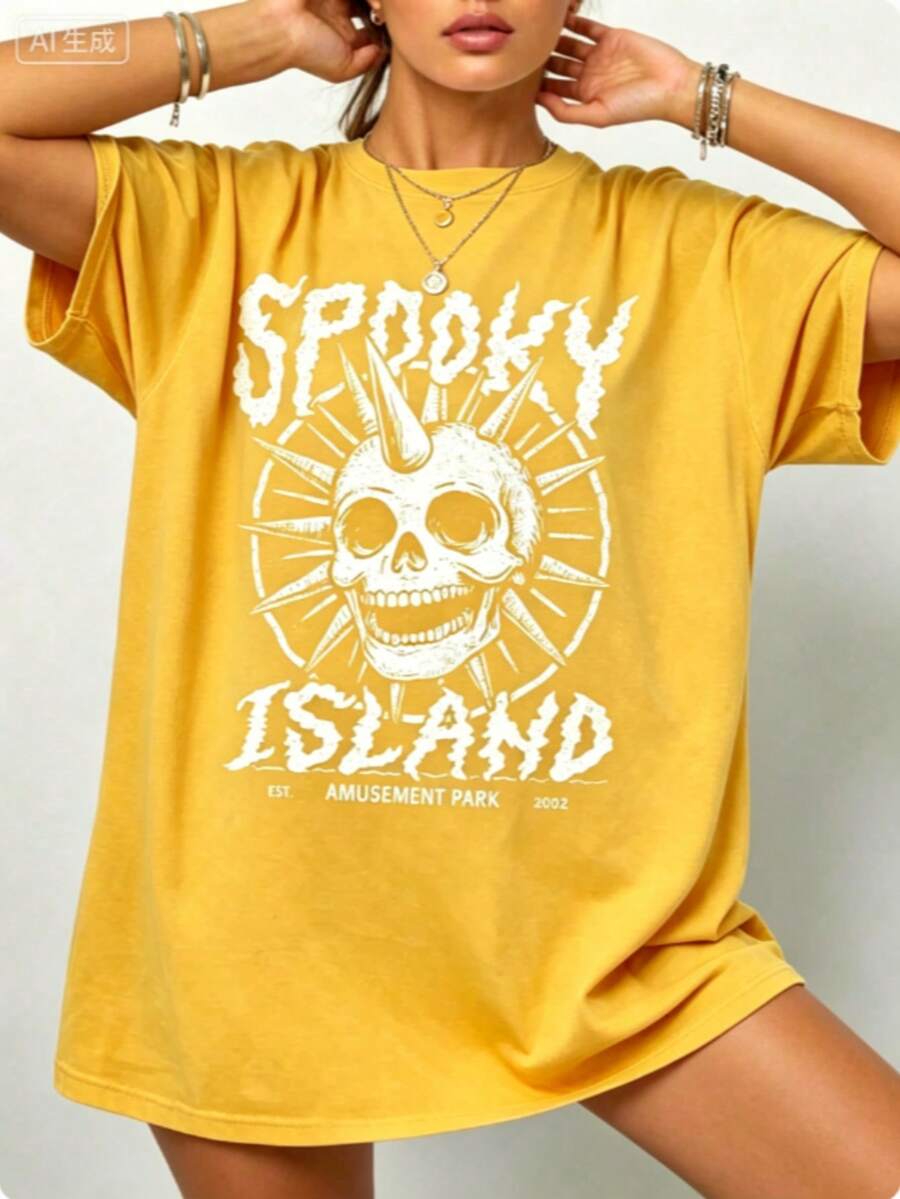 Gothic Punk Cotton T-Shirt,Spooky Island Skull Graphic Tee,Womens Street Concert Summer Top,Short Sleeve,Dark Aesthetic,Y2K Style,Edgy Fashion - 黃色 - 查看 1