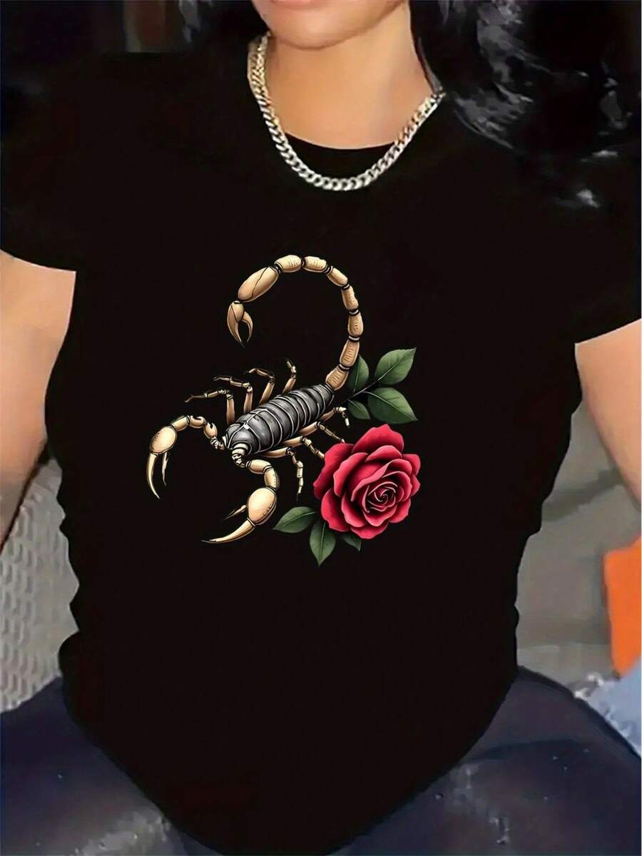 Camiseta de Manga Corta de Poliéster con Diseño de Escorpión y Rosa para Uso en Restaurantes, Color, Tela Duradera y Ligera, Ideal para Cenas Informales y Uso Diario, Ajuste Cómodo y Apariencia Estilosa - Negro - Ver 1
