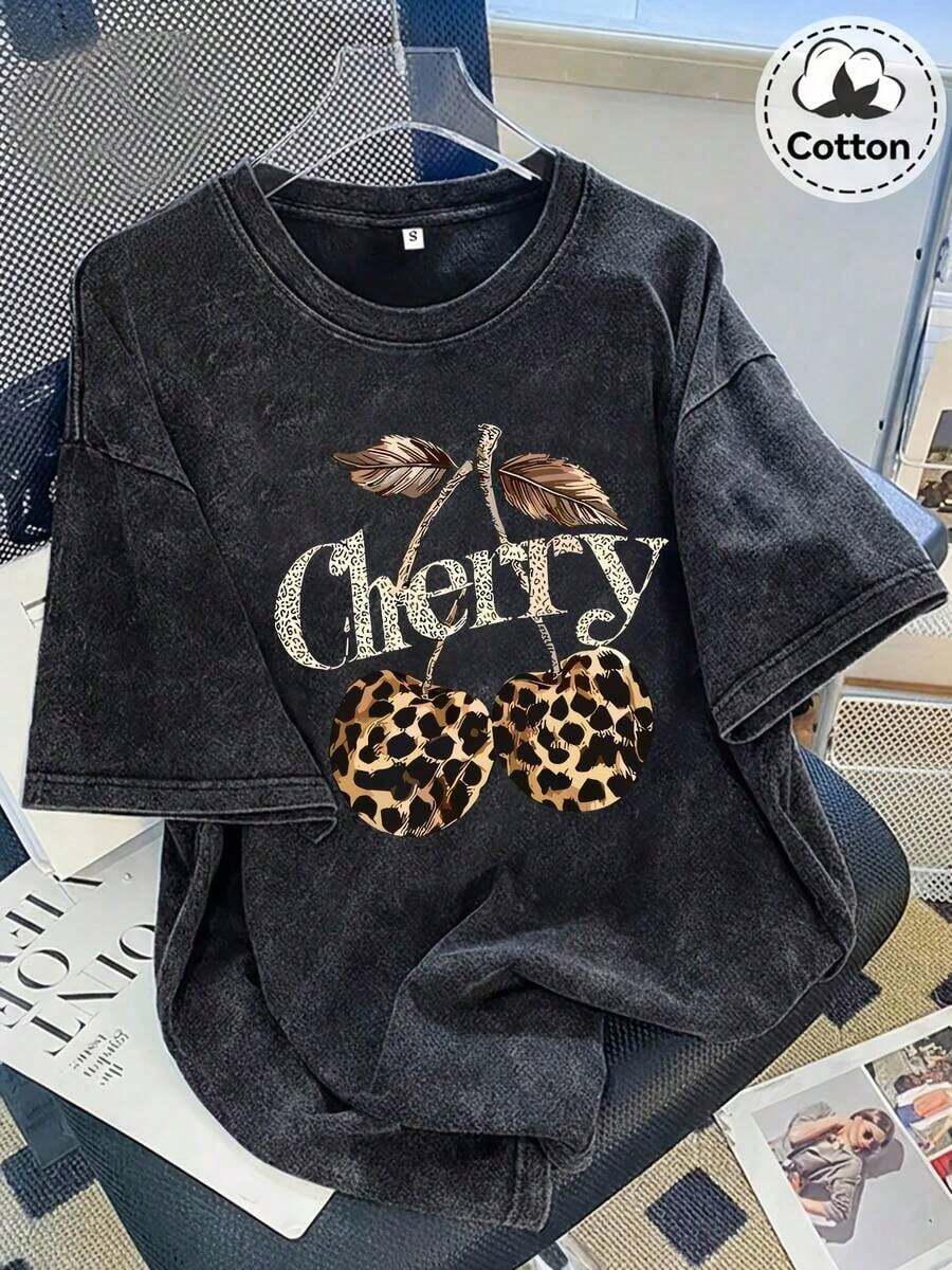 1 Piece Of Women's Vintage Loose Fit Cotton T-Shirt With Leopard And Cherry Print, Gold Embellishments, Casual Short Sleeve Top, Anti-Wrinkle Washed Cotton T-Shirt, 180g 100% Cotton. - 黑色 - 查看 1