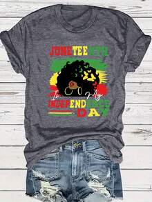 Women's Plus Size Casual T-Shirt With Crew Neck And Vibrant Juneteenth Independence Day Graphic Print, Short Sleeve, Loose Fit, Polyester, Summer And Spring Clothing, Casual Wear | Graphic Print Top | Comfortable Fit, Ladies' T-Shirts - 深灰色 - 查看 6
