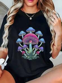 Under The RadarCamiseta estampada con patrón de hongos coloridos 100% puro, cuello redondo cómodo para mujer, manga corta, camiseta transpirable y casual para el verano, regalo de vacaciones. 100% Algodón - Camiseta Unisex de Manga Corta y Cuello Redondo, Estilo Vintage Urbano, Corte Holgado - Negro - Ver 1