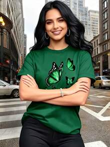 [Quanquan] Fashionable Butterfly Print T-Shirt - Short Sleeve, Crew Neck, Comfortable, Breathable And Soft, Perfect For Spring And Summer - Unisex Vintage Urban Style Loose Fit Cotton Short Sleeve Crew Neck T-Shirt - 綠色 - 查看 3