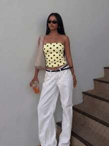 Strapless Crop Top, Blue Base With Black Polka Dots, Sexy Fitted Bandeau Shirt Summer - Yellow - View 4