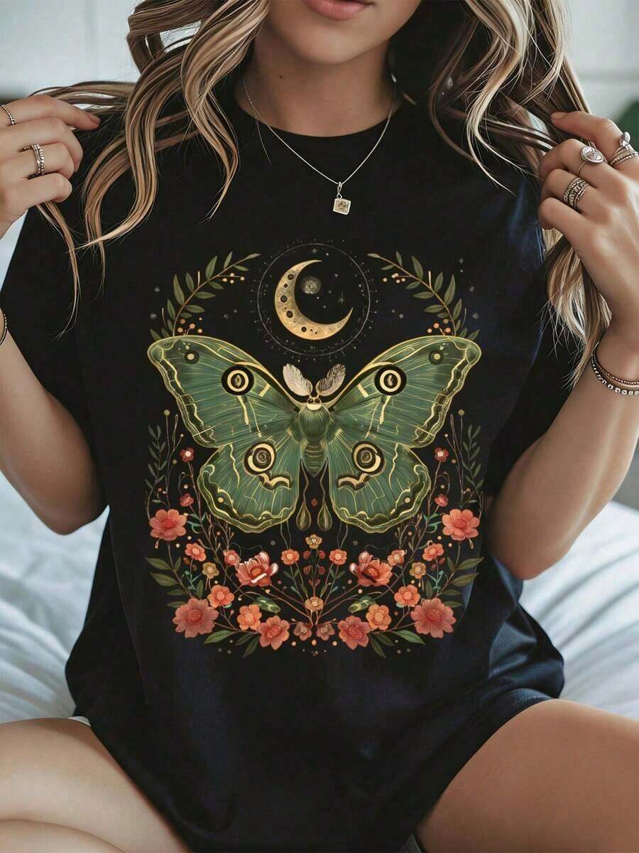 Elegante y casual mujer manga corta,Butterfly Moon And Flowers Print T Shirt For Women Halloween Gothic Style Black Casual Wear Autumn Winter - Negro - Ver 1