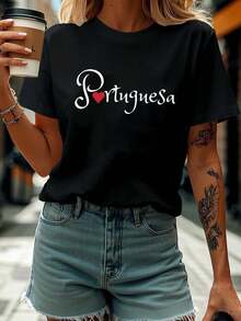 Camiseta de manga corta con cuello redondo para mujer, con estampado de corazones y temática 'Portuguesa' para primavera y verano - Negro - Ver 8