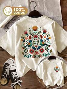 Limited Edition Women's Summer Clothing With Double-Sided Folk Style Prints, Floral And Bird Designs. Made Of Cotton, This Casual Short-Sleeved T-Shirt Has A Round Neck And Is Lightweight. - 白色 - 查看 8