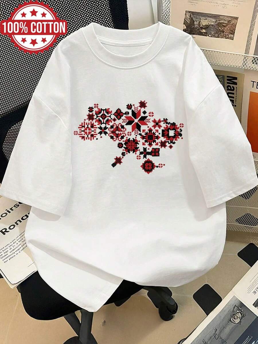 Limited EditionWomen's Spring/Summer Clothing, Women's Tops, Pixel Style Geometric Pattern, Pixel Pattern Red, Versatile Short Sleeve Drop Shoulder Oversized-ShirtLightweight Cotton - Blanco - Ver 1