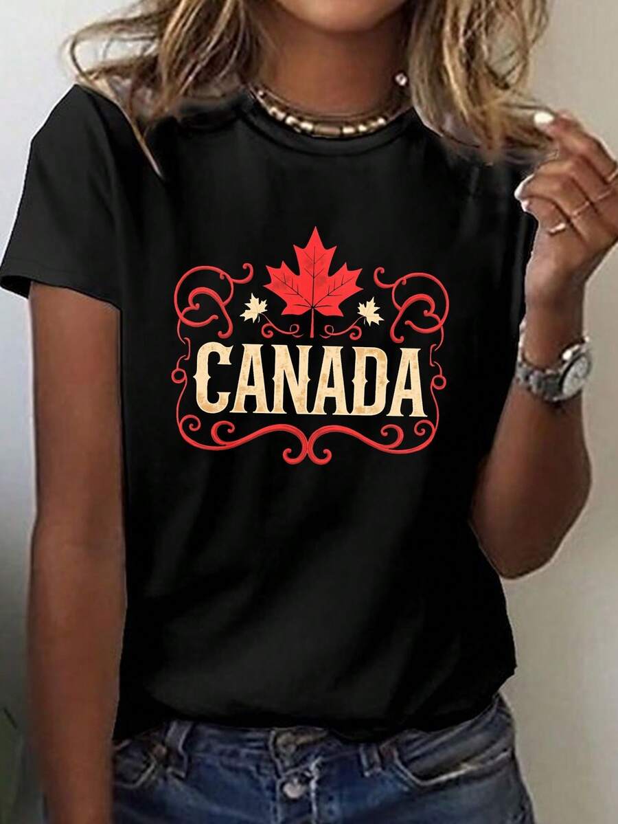 Camiseta casual esencial para mujer, de manga corta y cuello redondo, con diseño de hoja de arce roja, perfecta para usar en primavera y verano en Canadá. Algodón suave para uso diario en verano. - Negro - Ver 1