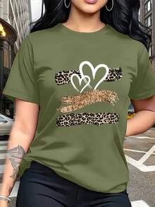 Glitter Heart Print T-Shirt With Leopard Print Design,  And Breathable, Suitable For Family Trips, School Activities, Casual Sports, Daily Commutes, Matching Sister Outfits, Versatile T-Shirt. 9XO7 - 綠色 - 查看 6