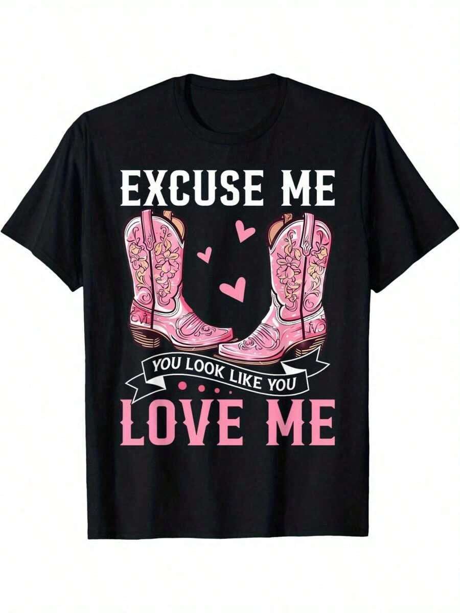Camiseta divertida con estampado "Disculpe, parece que usted es divertido" y botas estilo western. La combinación perfecta de comodidad, estilo y durabilidad para el uso diario. - Negro - Ver 1