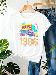 Camiseta Vintage de los 80 con Estampado de Cumpleaños Número 40, Manga Corta, Cuello Redondo, Top Casual para Verano y Primavera, Ropa de Mujer, Camiseta de Algodón para Familia Coordinada - Blanco - Ver 7