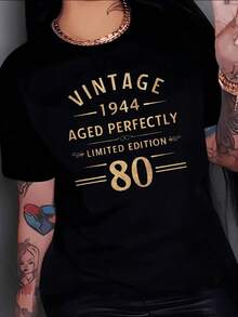 Texto vintage dorado que celebra el año 1944 con la frase aged perfectly y el número 80 representando elegancia y experiencia camiseta de mujer edición limitada moderna y cómoda para uso casual - Negro - Ver 8