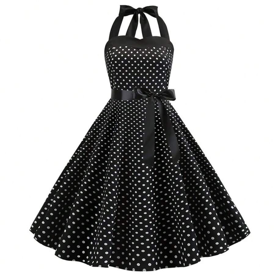 Vestido sexy retro blanco de lunares Hepburn Vintage Halter vestido de fiesta 50s 60s Pin Up Rockabilly Robe - A006 - Ver 1