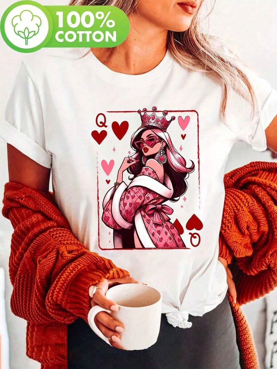 100% cotton Camiseta de mujer con diseño de reina en forma de corazón - 100% algodón, manga corta, cuello redondo, top casual, diseño de póker de corazones y espadas, perfecta para primavera y verano, camiseta en forma de corazón, nueva colección, entrega desde el almacén local de suministros para mujeres, ropa de Navidad para mujer, regalo para mujer, hermosa camiseta con diseño de patrón, de descuento de camisetas - Blanco - Ver 1
