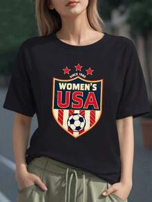 Escudo con balón de fútbol y estrellas que simbolizan la pasión por el deporte y el orgullo nacional de Estados Unidos camiseta para mujer 100% algodón suave y cómoda para uso diario - Negro - Ver 6