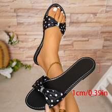 2026 Summer New Fashion Comfortable Versatile Black And White Polka Dot Satin Rhinestone Square Toe Women's Flat Sandals, Casual Outdoor Daily Date Holiday Travel Banquet Party Shoes - Black - View 8