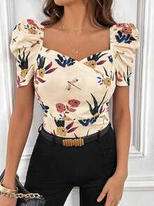 Camiseta con estampado floral escote corazón de manga farol - Albaricoque - Ver 3