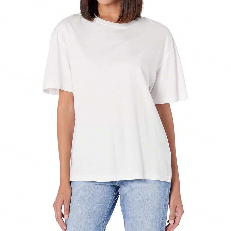 New European And American Style Women's Round Neck T-Shirt, Black And White, Loose Fit, Casual, Pure Cotton, Comfortable And Versatile, Popular Round Neck T-Shirts, Loose And Comfortable T-Shirts, Fashionable T-Shirts. - 白色 - 查看 1