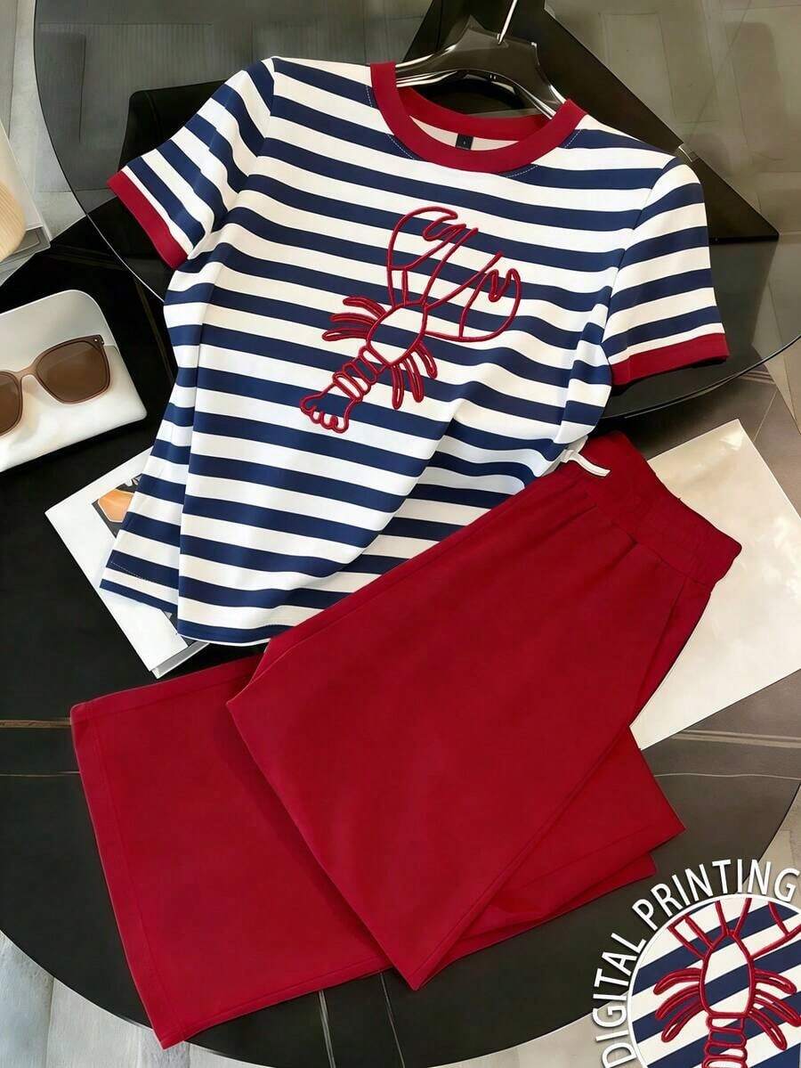 Conjunto casual de 2 piezas para mujer con cuello redondo, manga corta, estampado de langosta a rayas, para verano - Blanco y Negro - Ver 1