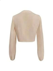Blusa elegante y versátil con nudo delantero de unicolor para mujer, apta para uso casual diario, en el hogar, para ir al trabajo y en citas, primavera - Champán - Ver 4