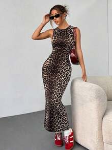Vestido ajustado sin mangas con estampado de leopardo para mujer - Negro - Ver 1