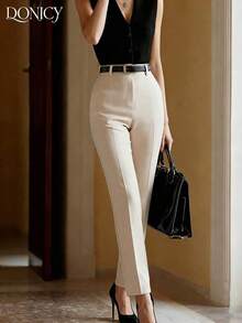 Pantalones rectos de pierna clásica gris, pantalones de negocios casuales de moda de cintura media/alta con cremallera y bolsillos para mujeres - Albaricoque - Ver 4