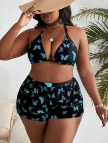 Conjunto de bikini de 3 piezas con estampado de mariposa para mujer de talla grande, para playa de verano - Multicolor 2 - Ver 5