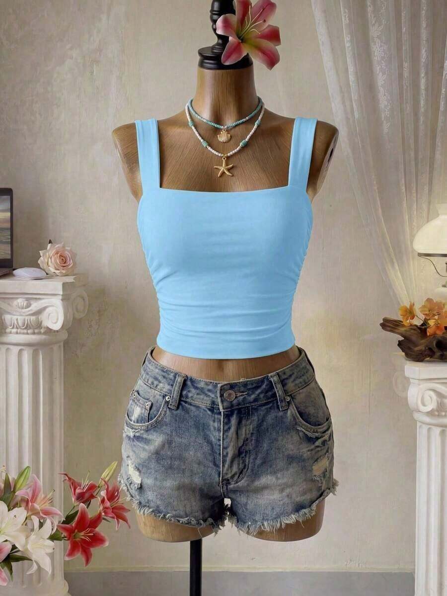 Top Cami Ajustado de Pliegues unicolor y Corto para el Verano - Celeste - Ver 1