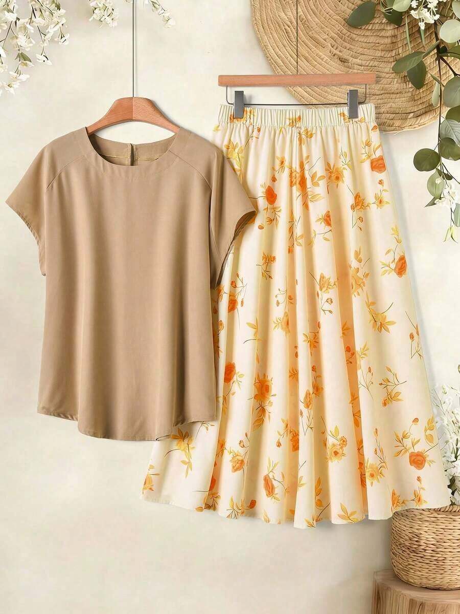 2 piezas Conjunto de top casual de unicolor + falda con estampado geométrico blanco y negro para vacaciones de mujer, Conjunto de ropa de verano para mujer, Conjunto de falda y top de verano, Conjunto de falda y top de mujer, Conjunto de falda - Amarillo claro - Ver 1
