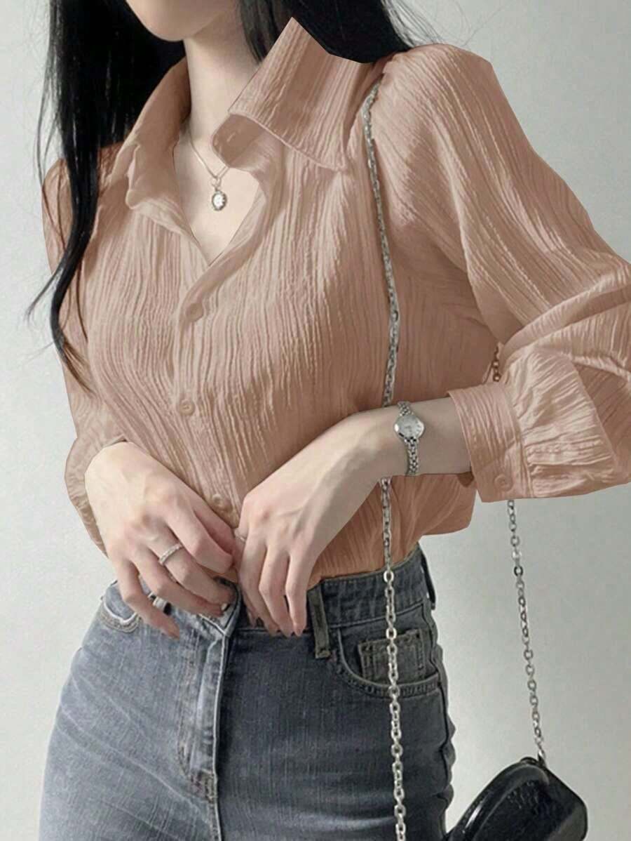 Blusa suelta de unicolor con cuello vuelto y pliegues para mujer, color morado, para primavera/verano/otoño, ropa de mujer de manga larga - Rosa - Ver 1