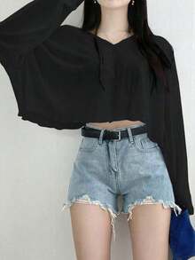 Camiseta corta de mujer de unicolor con cuello en V holgado, blusas de mujer de manga larga para primavera/verano, ropa de mujer para otoño - Negro - Ver 5