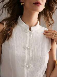 de mujer de estilo chino casual de verano con cuello de cheongsam, botones y textura de unicolor - Blanco 2 - Ver 8