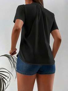 Camisa casual de oficina de unicolor de manga corta y abotonadura sencilla para mujer - Negro - Ver 2