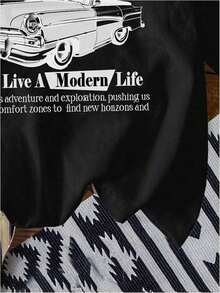 Camiseta de mujer con estampado de letras, cuello redondo, hombros caídos, manga corta de verano, top con estampado de coches vintage, ropa de verano para mujer, estilo urbano. - Negro - Ver 4