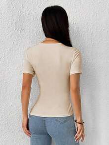 Camiseta de cuello redondo con abertura lateral y decoración de lazo con cristales para mujer - Caqui - Ver 2