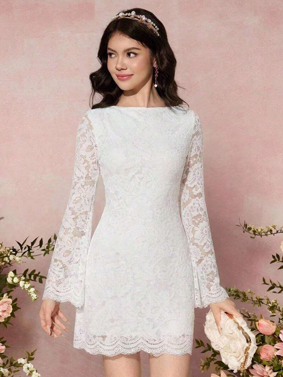 Pitira Vestido de niña adolescente con mangas acampanadas y parches de encaje, fresco y elegante, adecuado para volver al colegio, bodas, ocasiones formales, galas, fiestas, bailes de graduación, salidas de primavera, Año Nuevo chino, niña de las flores y talla grande - Blanco 2 - Ver 1