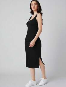 Vestido con abertura lateral de cuello cuadrado - Negro - Ver 4