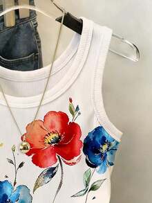Camiseta de tirantes con cuello redondo, estampado de flores de cerezo y recorte de concha para mujer - Multicolor 4 - Ver 4