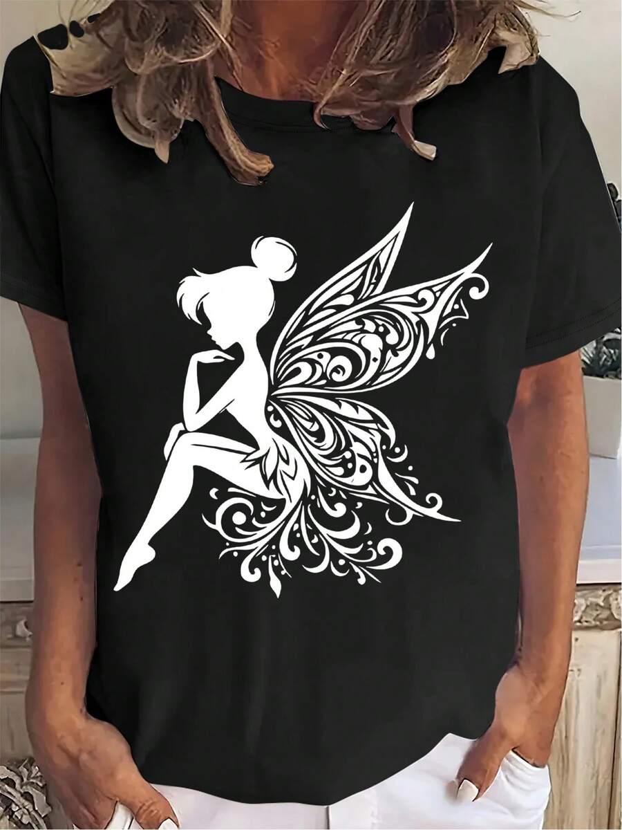 Camiseta de Mujer con Estampado Floral de Hadas en Blanco y Negro - Top Casual de Manga Corta y Cuello Redondo, Transpirable y Lavable a Máquina para Comodidad en Todas las Temporadas, Adecuada para Uso Diario.| Ropa con temática de hadas| Camiseta de tela resistente - Negro - Ver 1