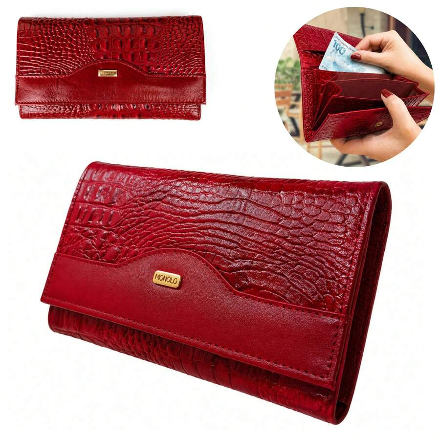 Carteira Couro Legítimo Feminina Grande Zíper Elegante Porta Cartões Presente Luxo MONOLO