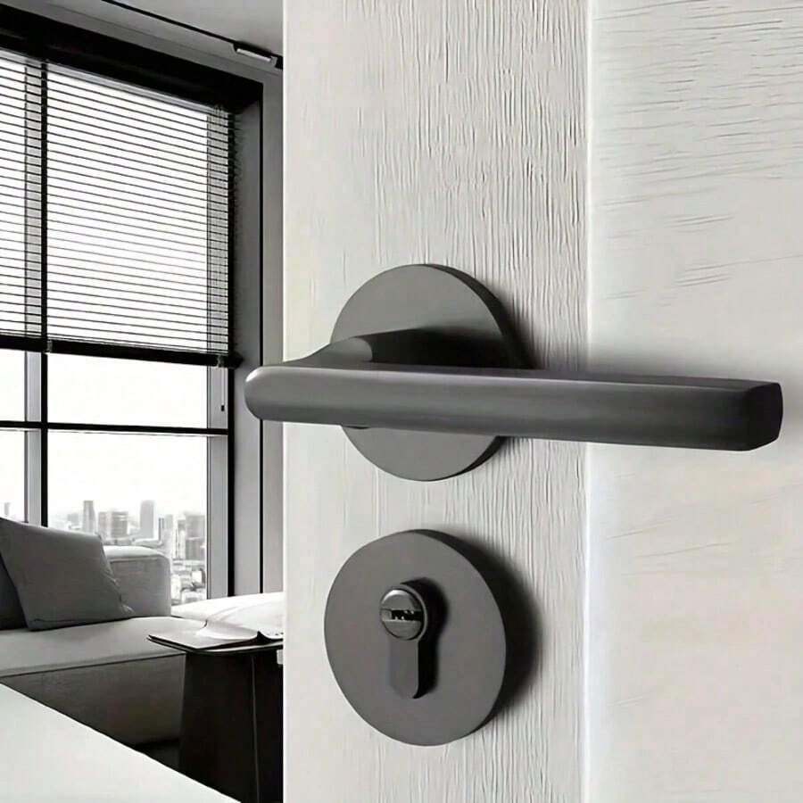 1pc Black Interior Door Handle, Heavy Duty Matte Black Door Knob, Metal Double Door Lock, Single Side Pull Bar, Suitable For Wardrobe, French Doors And Pantry, Matte Black, Reversible Inside Push/Pull Bar, Seamless Integration Of Technology And Modernity, Easy Installation, Convenient To Use, Rich Texture - Black - View 1