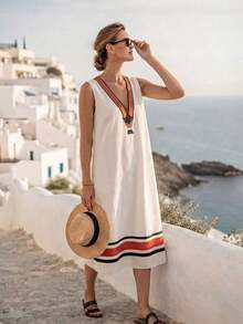 Holidaya Vestido midi holgado de línea A con estampado de bloques de color y rayas, cuello en V, sin mangas, para uso casual de vacaciones, primavera/verano - Multicolor - Ver 4