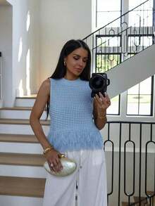 Top de punto sin mangas de cuello redondo de unicolor, versátil para el verano - Azul - Ver 8