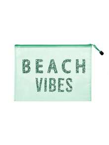 Multi Colored Waterproof Fashionable Mesh Beach Bag, Makeup Bag With Colorful "Beach Atmosphere" Print, Beach Theme With Letters And Sequin Design. Large Capacity Transparent Makeup Bag, Nylon Zipper Wash Bag - Lightweight, Can Store Sunscreen, Snacks, Bikinis, And Beach Essentials. Spring And Summer Storage - Multicolor - View 15
