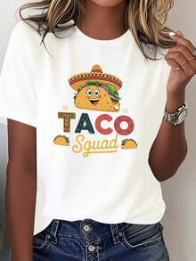 Loose Women's Lightweight Mexican-Themed "Taco Squad" T-Shirt - 100% Soft And Casual, Featuring A Wide-Brimmed Hat Design And Taco Print, Adorable Smiling Tacos, And The "Taco Squad" Logo. Perfect For Mexican Party Outfits And Everyday Wear (Black). 100% Cotton, A Popular Choice. Basic Cotton Crew Neck T-Shirt For Women. - 白色的 - 查看 1