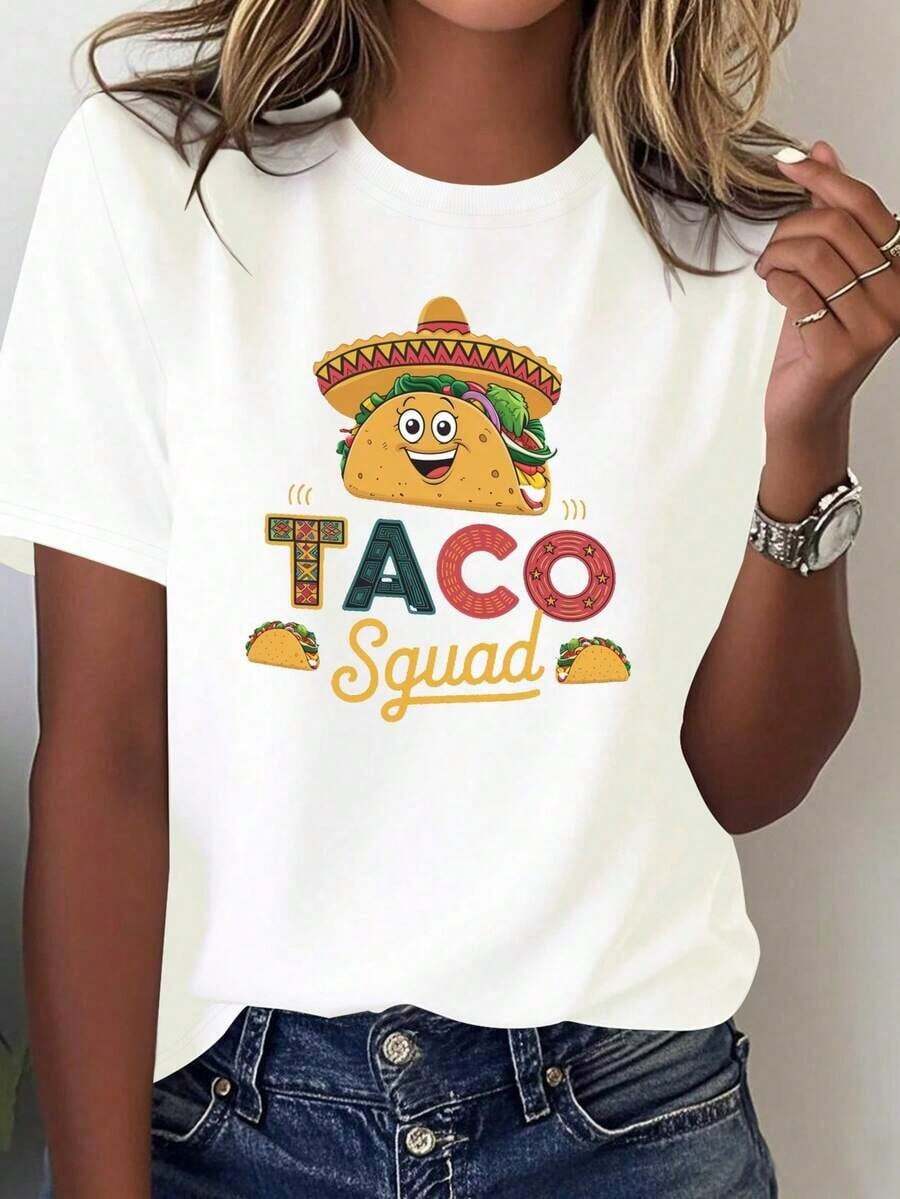 Loose Women's Lightweight Mexican-Themed "Taco Squad" T-Shirt - 100% Soft And Casual, Featuring A Wide-Brimmed Hat Design And Taco Print, Adorable Smiling Tacos, And The "Taco Squad" Logo. Perfect For Mexican Party Outfits And Everyday Wear (Black). 100% Cotton, A Popular Choice. Basic Cotton Crew Neck T-Shirt For Women. - 白色的 - 查看 1