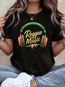 Designed For Modern, Stylish, And Comfortable Women. This Women's Short-Sleeved, Crew-Neck T-Shirt Features A Reggae Music Graphic Print, Making It Ideal For Spring And Summer, Casual Everyday Wear, And As A Holiday Gift. Made From Premium Soft And Breathable Fabric, It's Designed For All-Day Comfort And Versatile Everyday Wear, Perfect For Casual Outings. - 黑色 - 查看 6