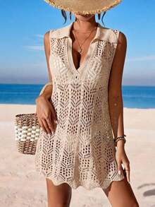 Cubre vestido de punto calado de unicolor para mujer, para el verano - Albaricoque - Ver 3
