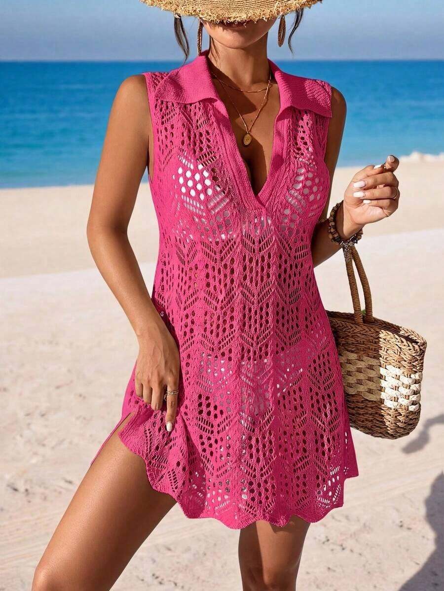 Cubre vestido de punto calado de unicolor para mujer, para el verano - Rosa Fucsia - Ver 1